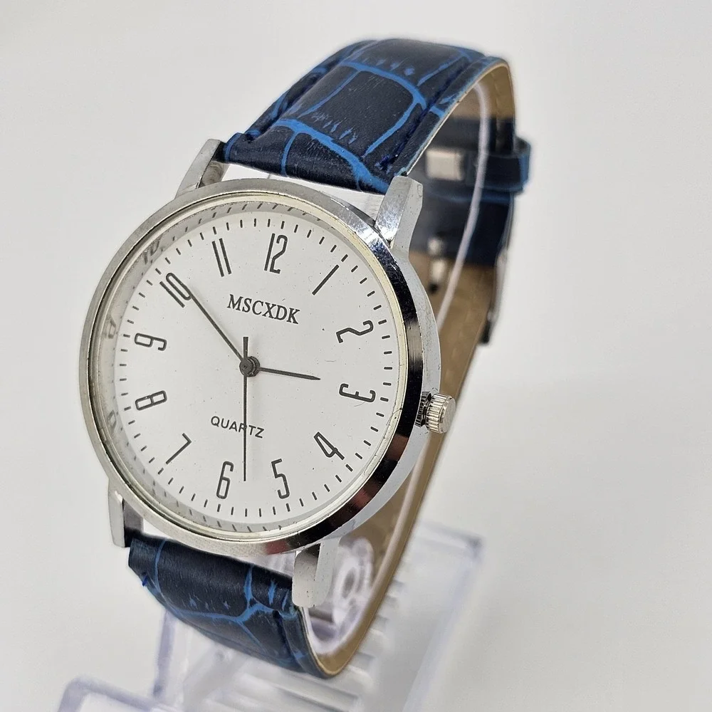 Men's Analog Easy Read Watch 40MM White Dial Blue Faux Leather Bands New Battery